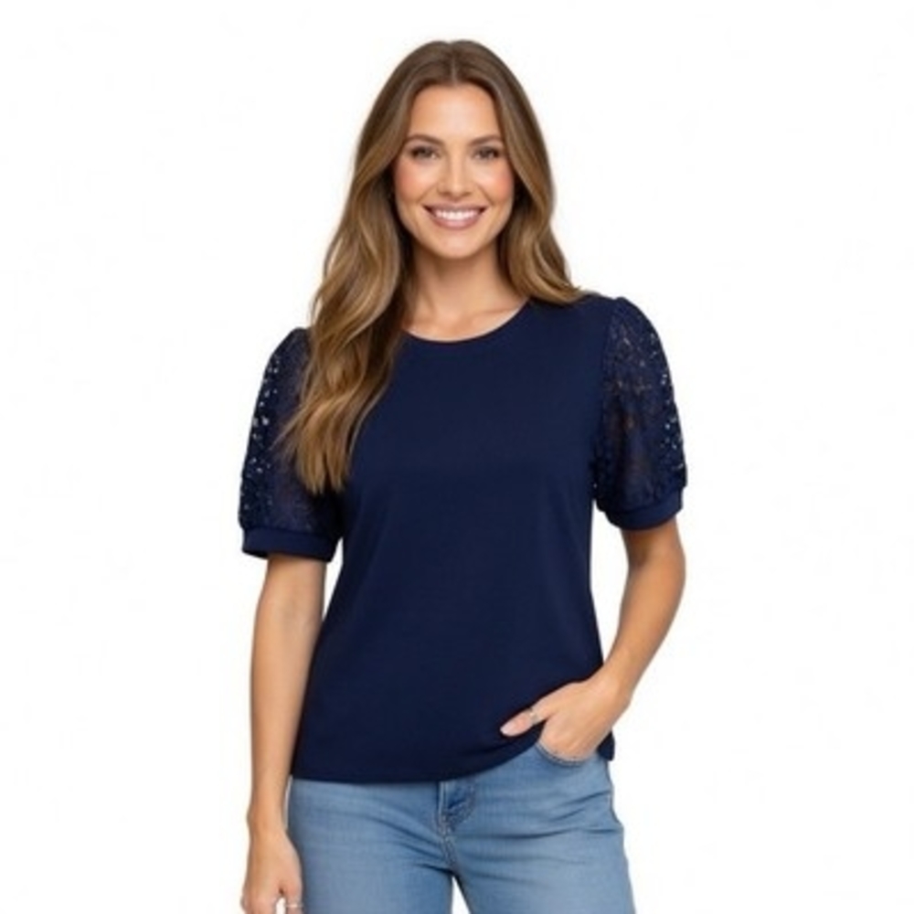 CeCe Womens Top M Navy Blue Crewneck Lace Puff Sleeves Blouse EXC